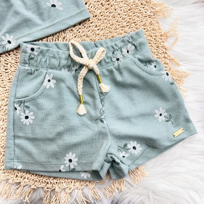 Conj. Batinha Frente Bordada e Short Flores - Verde